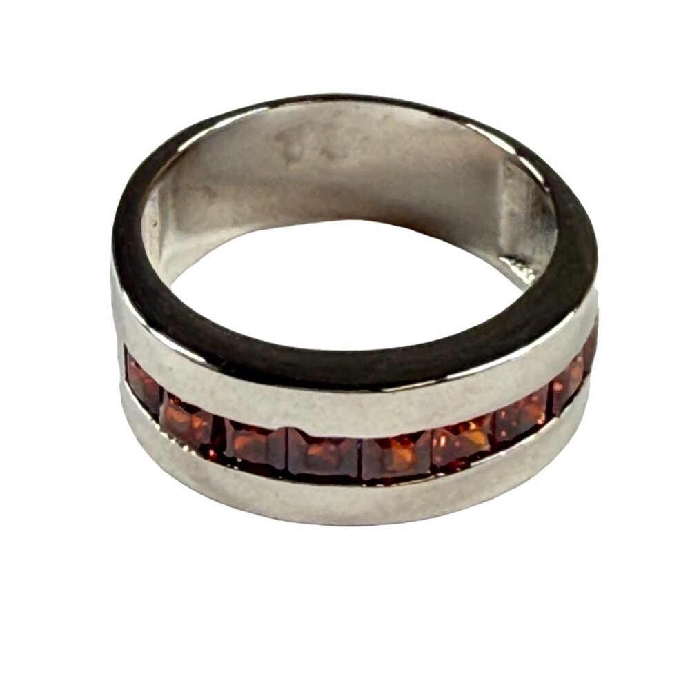 Silver Tone Band Ring with Channel Set Square Reddish Color Stones Size 8